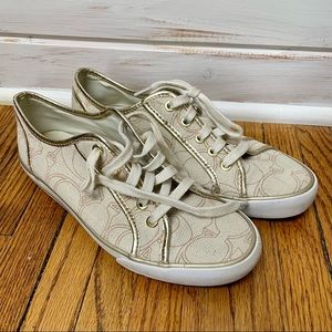 Coach Sneakers - Tan logo print with gold trim - size 8